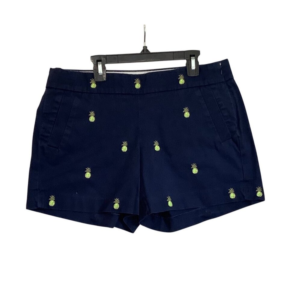 J.Crew Navy Pineapple Embroidered 100% Cotton Shorts Women Size 6 Side Zip